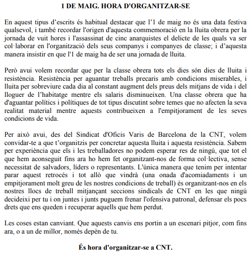 El #PrimeroDeMayo no es una fecha festiva más, tiene su origen en la lucha obrera por la jornada de ocho horas y el asesinato de cinco anarquistas por colaborar en organizaciones de clase. Debe seguir siendo una jornada de lucha.
Es hora de organizarse. #CuentaConCNT