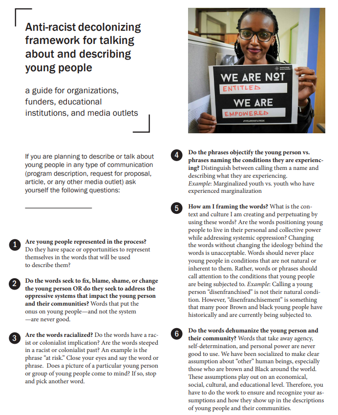 #Praxistipp vom <a href="/afsc_org/">AFSC</a> 

Wenn wir im Rahmen der Kommunikation (Programmbeschreibung, etc.) Jugendlichen beschreiben oder über sie sprechen, sollten wir uns folgende Fragen stellen
👇
afsc.org/resource/anti-…