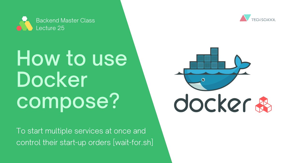 techschoolguru's tweet image. In this video 👉 youtu.be/jf6sQsz0M1M, we will learn how to write a #docker_compose file to launch all services all at once with a single command. We will also learn how to #wait_for the database to be ready before running DB migration and start the API service.