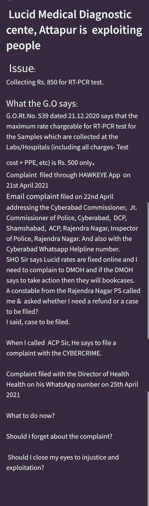 srikhande_umesh's tweet photo. వసూళ్లపై అడిగేవారు ఉన్న చర్యలు తీసుకునే వారు లేరు!
@KTRTRS Sir, Please look into this matter. People are overcharged for RT-PCR Tests in the city and no action from police department even if  complaints r filed.
@Eenadu_Newspapr @NtvTeluguLive 
@V6News @TelanganaCMO @drgsrao https://t.co/KSQdQ332hH