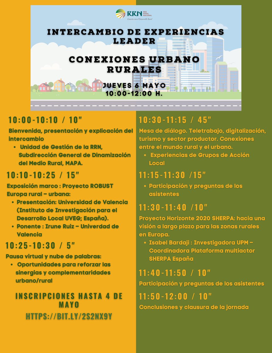 🛣Hermano urbano, hermana #Rural: una relación de sinergias y convergencias
👨‍👩‍👧‍👦¿Qué nos une al #Pueblo y a la ciudad?
👉Intercambio de experiencias LEADER: Conexiones urbano rurales
📆6/05 - 10:00 - 12:00 H
✍️REGISTRO HASTA 4/05: bit.ly/2S2NX9Y
#EsRuralEsVital