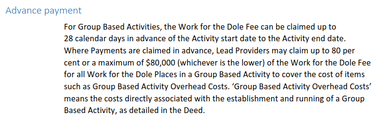 Also, jobactive providers can get an interest-free, 28 day advance of up to 80 per cent of their Work for the Dole Fee, of an amount up to $80,000.