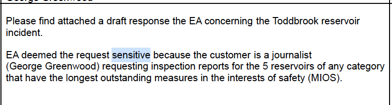 Others were somewhat more concerning. Perhaps the worst was this from the Environment Agency, referring my request about reservoir safety in the aftermath of the Whaley Bridge reservoir part-collapse to the Clearing House because it was "sensitive" because i'm a journalist.