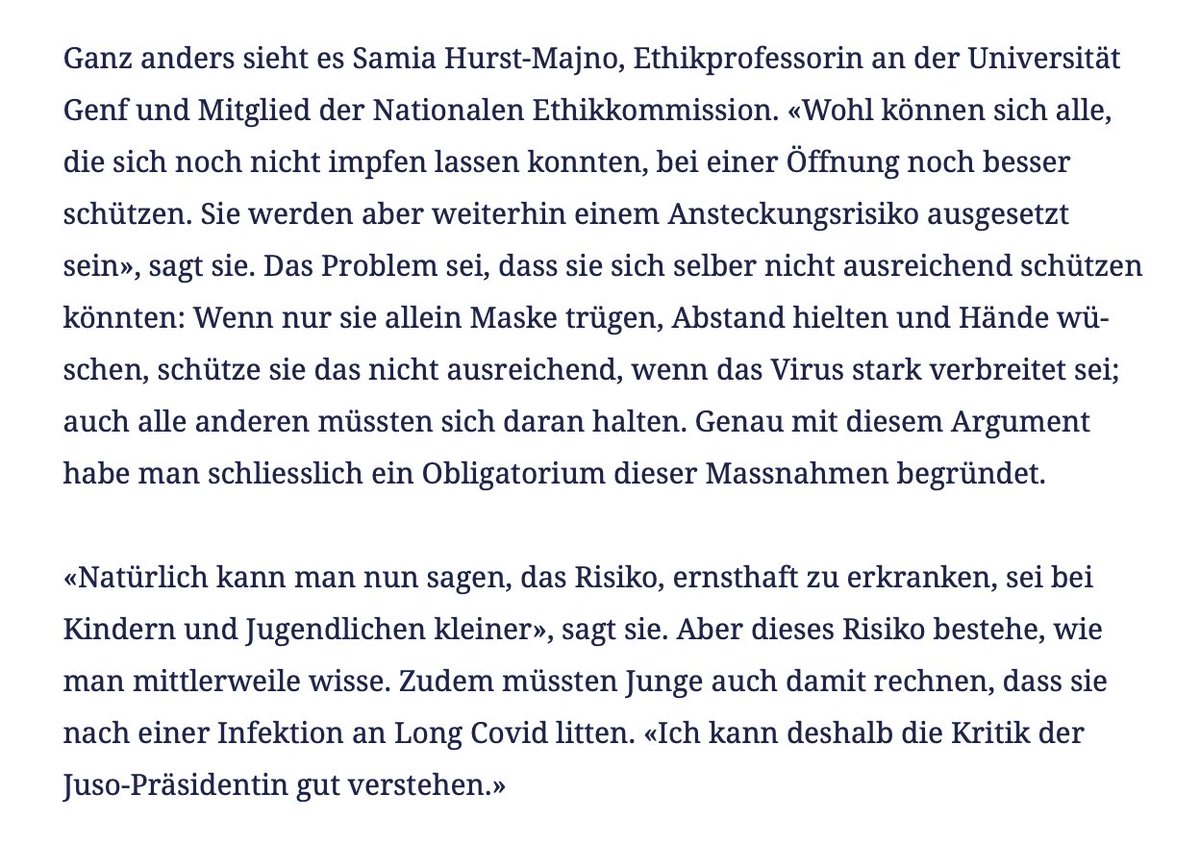 3/13Die andere befragte Expertin Prof.  @samiahurst, die widersprochen hat, ist als Chair der Ehtikgruppe  @SwissScience_TF seit langem im Austausch mit führenden Epidemiolg*innen und Infektiolog*innen im Austausch, weshalb ihre fundierte Antwort nicht erstaunt.