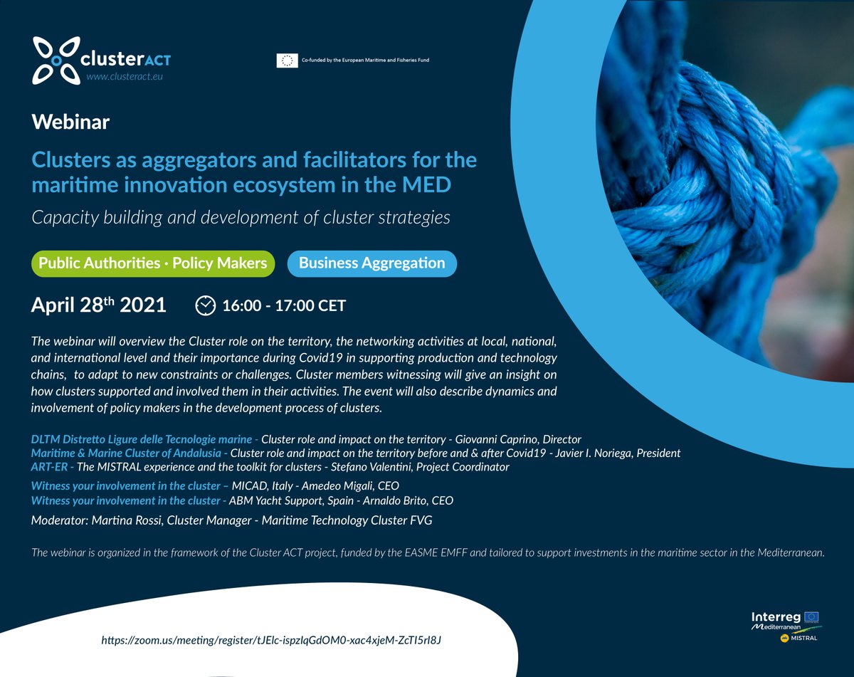 ClusterACT's tweet image. New webinar @ClusterACT related to overview the cluster role on the territory in terms of relation with key stakeholders, their role in the local innovation and production ecosystem and witness concrete cases with target stakeholders.

📅28 abril
⏰16:00
📲bit.ly/3sY4Uze