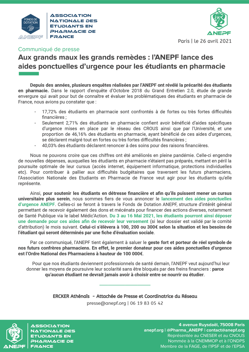 COMMUNIQUÉ DE PRESSE 📣

L’ANEPF lance des Aides Ponctuelles d’Urgence via son fonds de dotation pour ses étudiants en détresse ⭕️📉

1️⃣0️⃣0️⃣, 2️⃣0️⃣0️⃣ ou 3️⃣0️⃣0️⃣€ en fonction de la situation

🗓 Dépôt de dossier ➡️ 3 - 16 mai ⏰

Merci <a href="/Ordre_Pharma/">Ordre national des pharmaciens</a>, premier donateur pour ces aides