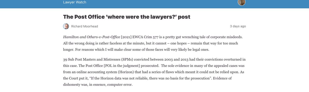 Blog by  @RichardMoorhead lays it out  https://lawyerwatch.wordpress.com/2021/04/23/the-post-office-where-were-the-lawyers-post/amp/?__twitter_impression=true