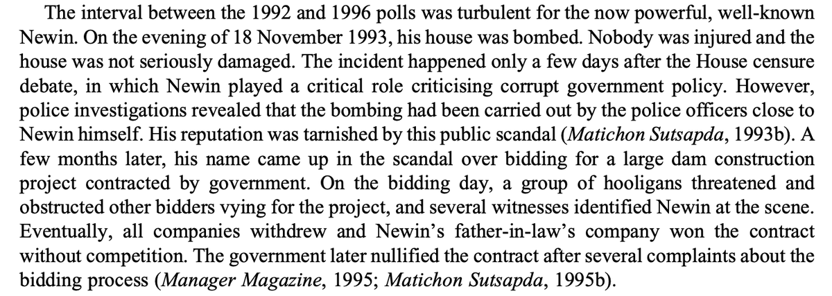 An early classic episode in Newin's career was when he paid some crooked police to bomb his own house, to try to make him look like a brave whistleblower at risk of being assassinated by his enemies. Professor  @bkksnow wrote about it in this paper  https://journals.sagepub.com/doi/10.1177/0967828X16659570 2/16