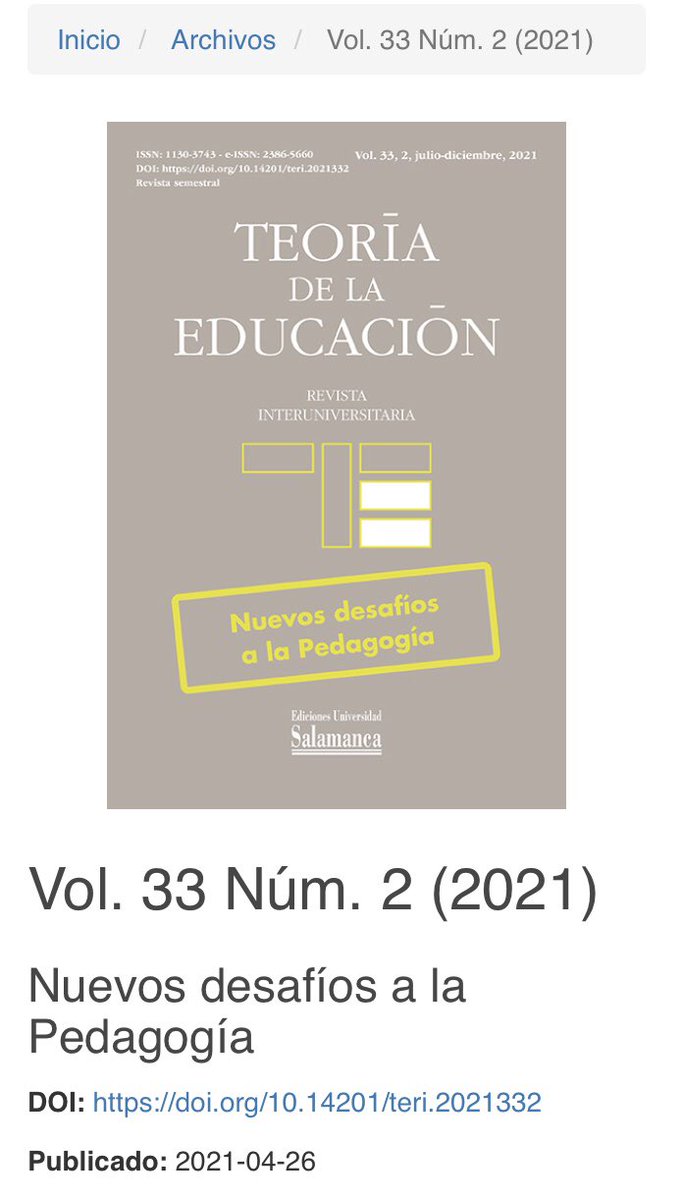 ¡Con mucha alegría presentamos el NUEVO NÚMERO de la Revista!

📍Vol. 33 Num. 2 (2021) 
Nuevos desafíos a la Pedagogía

👇🏻👇🏻👇🏻👇🏻👇🏻👇🏻👇🏻👇🏻👇🏻👇🏻
revistas.usal.es/index.php/1130…
👆🏻👆🏻👆🏻👆🏻👆🏻👆🏻👆🏻👆🏻👆🏻👆🏻

#TeoríaDeLaEducación
#FilosofíaDeLaEducación