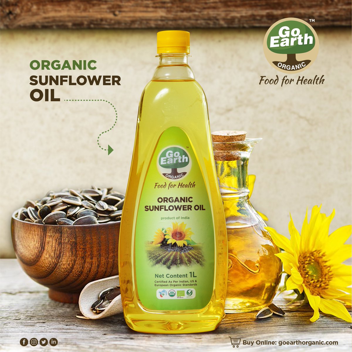 GoEarthOrganic's tweet photo. Go Earth's Organic Sunflower Oil is light and healthy for your cooking. It gives all the vital nutrients to the body without being heavy for the intestine.
.
.
.
#goearthorganic #goorganic #organicindia #sunfloweroil #organicsunfloweroil #healthysunfloweroil #naturalsunfloweroil https://t.co/3YqDJPErEK