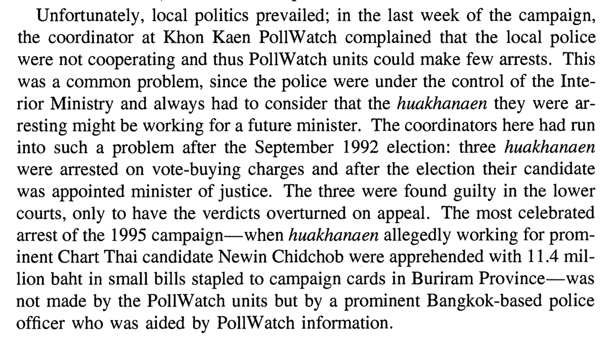 In 1995, his vote canvassers were caught with a huge stash of his elections leaflets each with 120 baht stapled to them. The total haul was 11.4 million baht. Newin said he knew nothing about the vote buying antics of his canvassers and escaped charges. 3/16