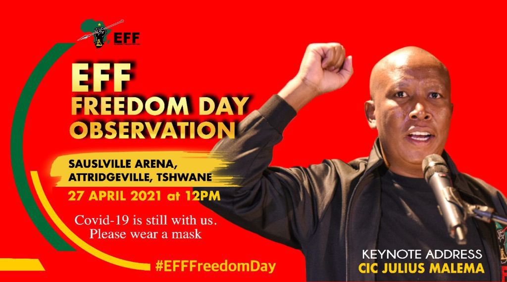 Julius_S_Malema's tweet photo. Let’s meet tomorrow at Attridgeville for the #EFFFreedomDay. We are back to ground, stooges of the establishment must run.            
                                                                   N. B: Covid-19 is still with us. Please wear a mask. https://t.co/uMTjkdqB54