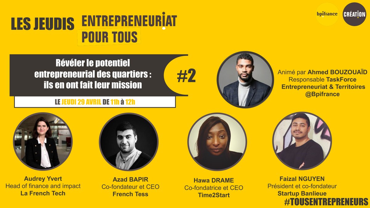 📢 #Événement

Rendez-vous jeudi 29  avril de 11h à 12h pour le second Jeudi Entrepreneuriat Pour Tous de l’année 2021 proposé par <a href="/Bpifrance/">Bpifrance</a>. Ce webinaire traitera de : Révéler le potentiel entrepreneurial des quartiers : Ils en ont fait leur mission! 

👉bit.ly/3sLudnI