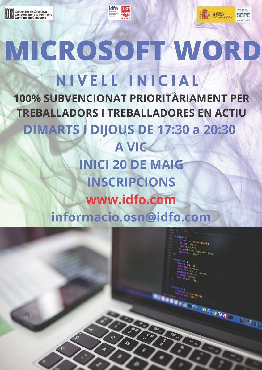 Curs 100% subvencionat de Microsoft WORD!! Per a principiants!! Reserva la teva plaça!!
#IDFOformacion #cursossubvencionats