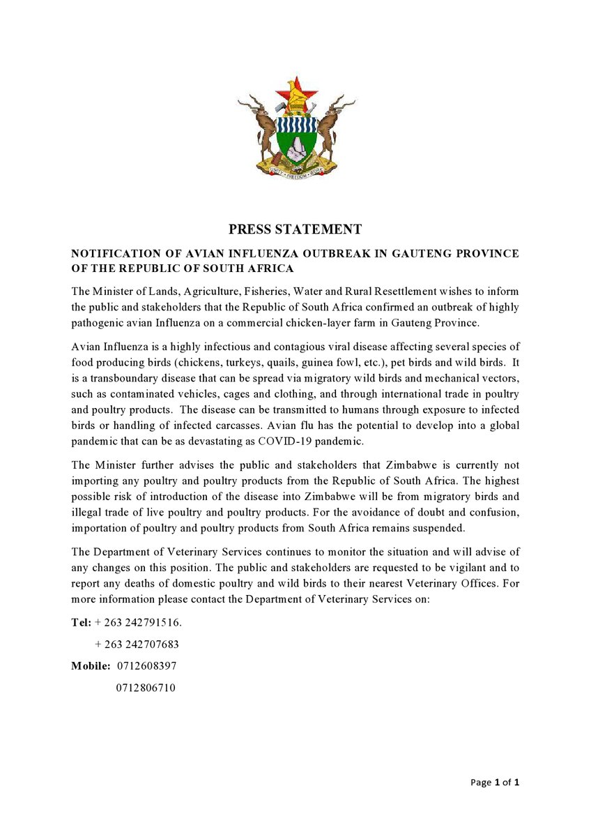 AMAofficial_zim's tweet photo. NOTIFICATION OF AVIAN INFLUENZA OUTBREAK IN GAUTENG PROVINCE OF THE REPUBLIC OF SOUTH AFRICA @MoLAFWRR_Zim @agribusiness110 @Munya_Mlambo @mashiri_gerald https://t.co/0OuPQJbXjG