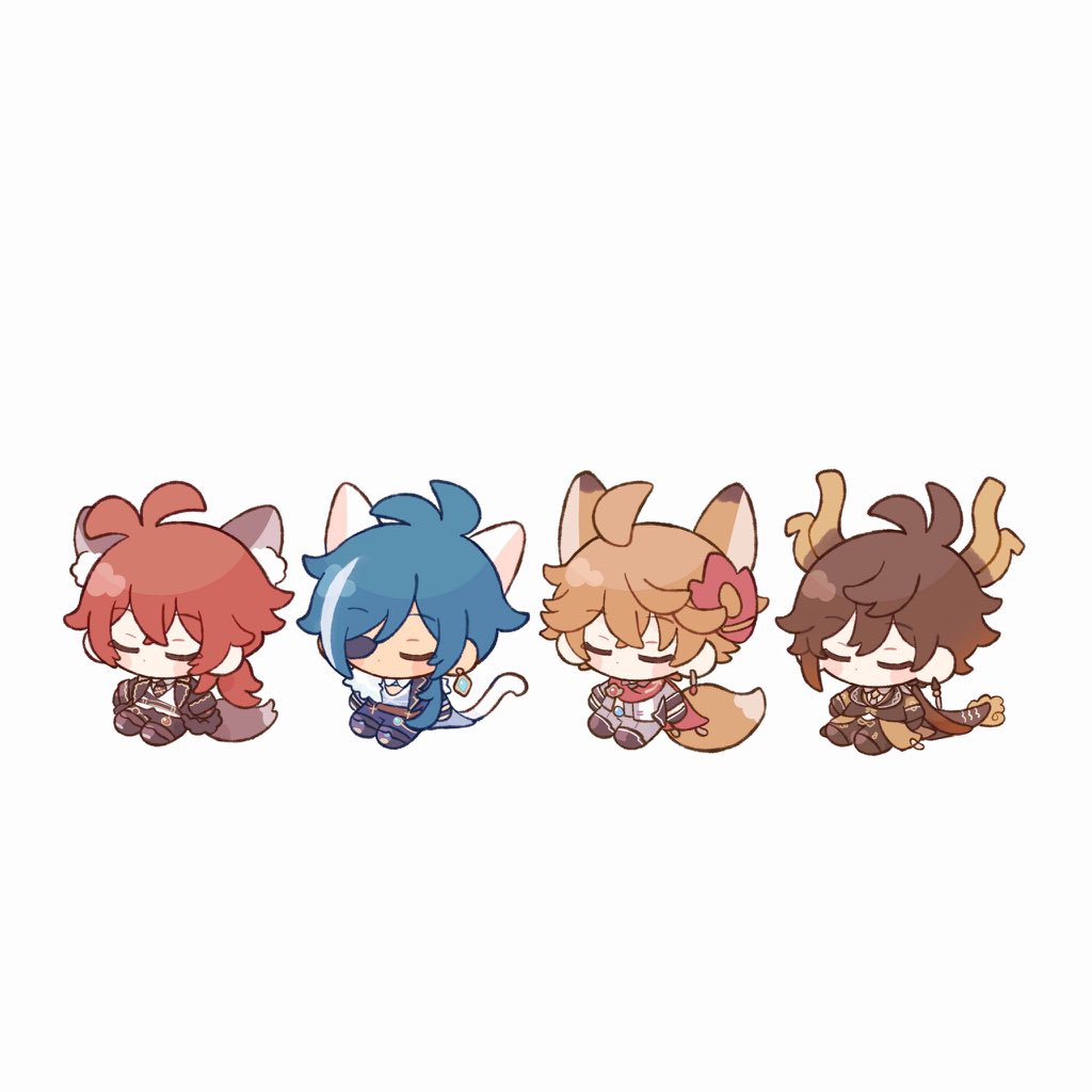 diluc (genshin impact) ,kaeya (genshin impact) ,tartaglia (genshin impact) ,zhongli (genshin impact) animal ears mask on head tail mask multiple boys red hair chibi  illustration images