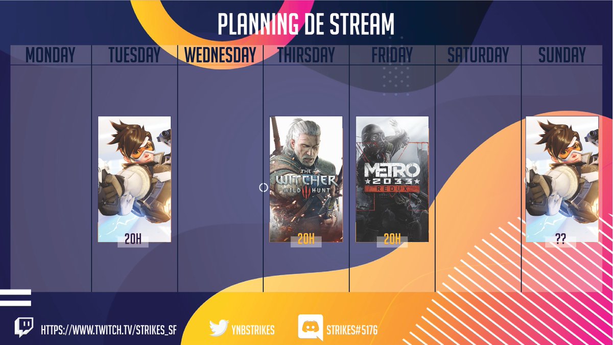 Holà!

Petite semaine tranquille, on part sur une seule session de The Witcher 3 pour Jeudi et on continue Metro Vendredi !

À cela peut-être deux sessions de Overwatch streamées Mardi/Dimanche, mais ça sera en fonction de si je suis motivée.

Bonne semaine ♥