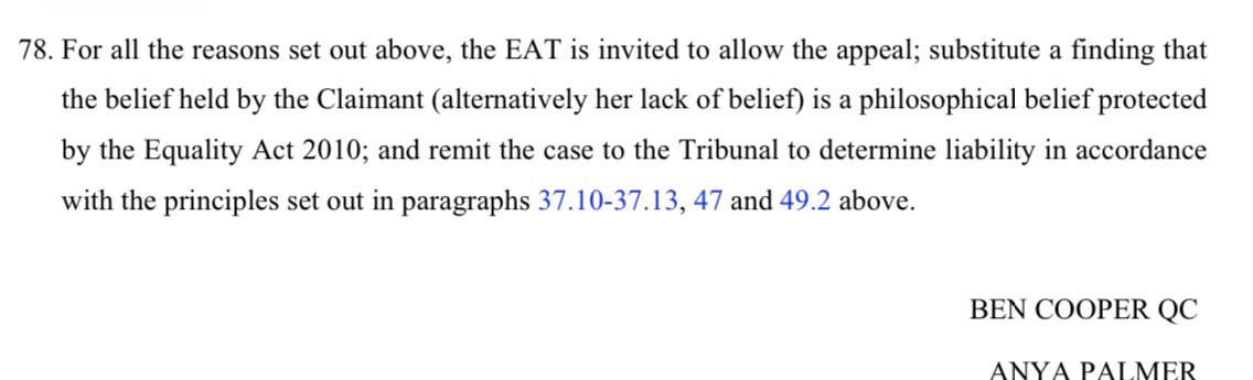 Please allow the appeal, finding that Maya Forstater’s beliefs were protected from discrimination by the Equality Act, and remit the case to the lower court for a full hearing on the issues.