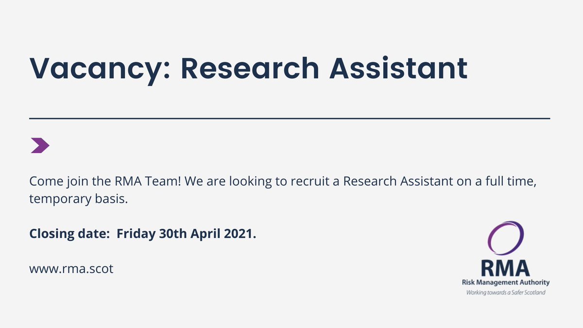 Join the #RMAScot team! 👋 

We are looking to recruit a Research Assistant on a full time, temporary basis, to primarily contribute to a qualitative research study within the Order for Lifelong Restriction team. 

Closing Date: 30 April ⬇️
#RMAScotOLR