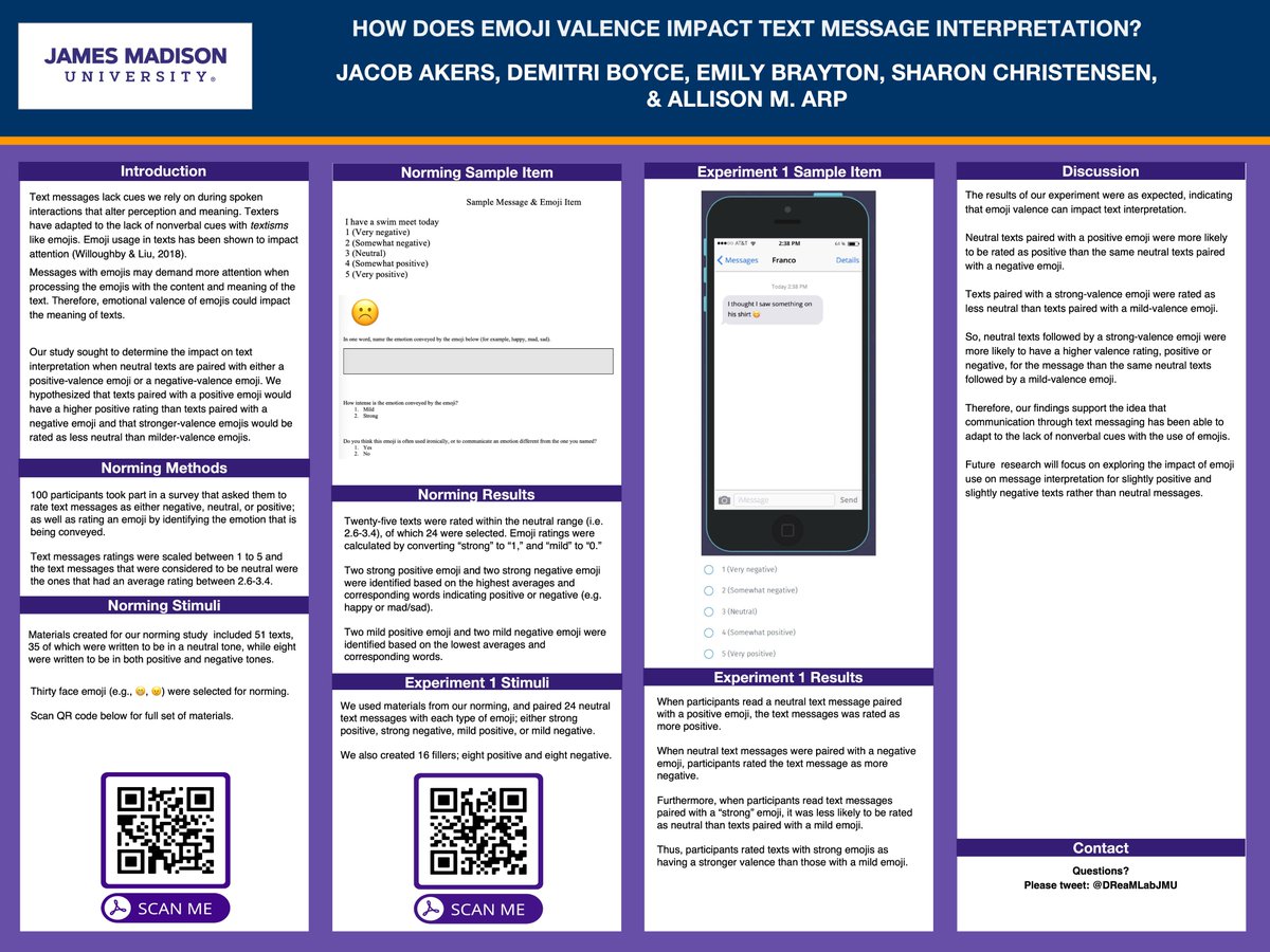 DReaMLabJMU's tweet photo. How Does Emoji Valence Impact Text Message Interpretation? ##JMUPsychSymposium2021 https://t.co/En8rE4G43r