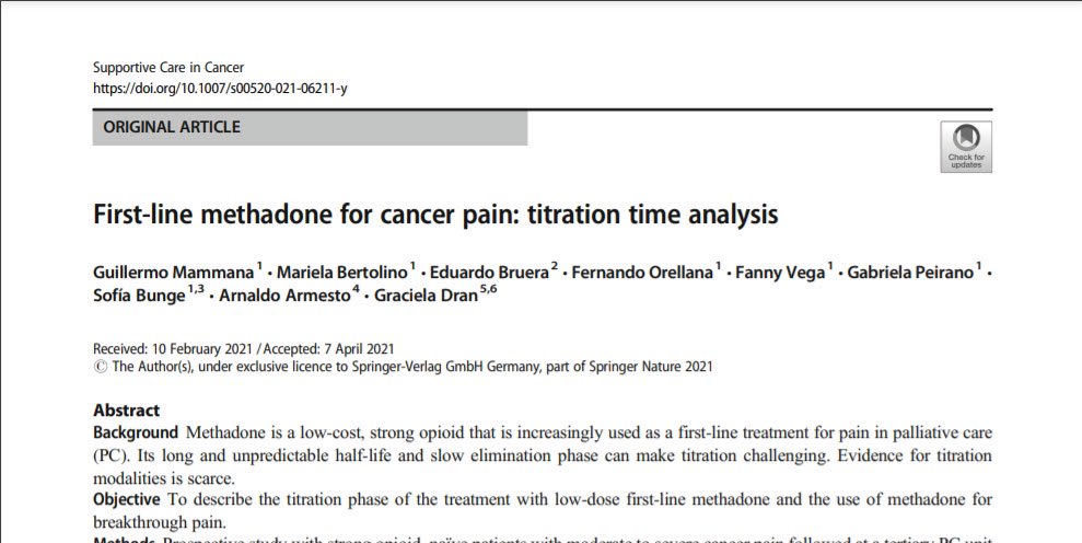 Ishwaria Subbiah, MD MS FASCO (@ishwariamd) on Twitter photo More evidence for methadone in cancer pain! Just published in <a href="/MASCC_JSCC/">Supportive Care in Cancer: Springer Journal</a> - 1st line low-dose #methadone resulted in a pronounced/rapid decrease in pain w minimal titration & breakthrough doses, no evidence of accumulation or sedation. #hpm #hapc
👉link.springer.com/article/10.100… More evidence for methadone in cancer pain! Just published in <a href="/MASCC_JSCC/">Supportive Care in Cancer: Springer Journal</a> - 1st line low-dose #methadone resulted in a pronounced/rapid decrease in pain w minimal titration & breakthrough doses, no evidence of accumulation or sedation. #hpm #hapc
👉link.springer.com/article/10.100…