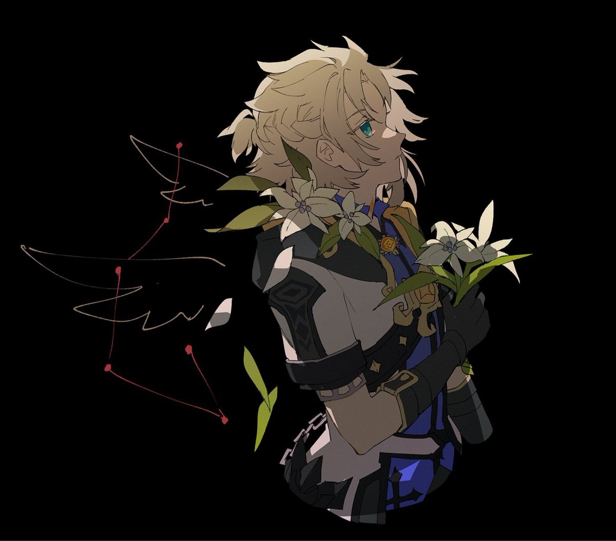 albedo (genshin impact) 1boy male focus flower gloves solo simple background black background  illustration images