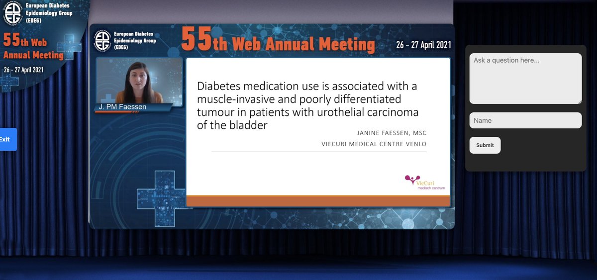 Today Janine Faessen presented our research about the association between diabetes medication and clinical characteristics of urothelial carcinoma at the EDEG Annual Meeting. And we also heard that our work will be presented during <a href="/weon2020/">WEON</a> in June! <a href="/VieCuri/">VieCuri Medisch Centrum</a> <a href="/EpidemiologyNL/">Ver. v Epidemiologie</a>