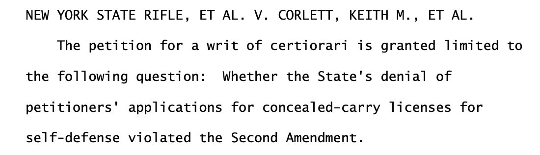 BREAKING: Supreme Court takes a Second Amendment case challenging New York's restrictions on concealed public carry.  https://www.supremecourt.gov/orders/courtorders/042621zor_e18f.pdf