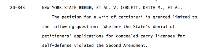 BREAKING: The Supreme Court agrees to take up a major gun rights case. In NY State Rifle & Pistol Assoc. v. Corlett, the justices will consider the extent to which the Second Amendment protects the right to carry guns outside the home for self-defense.