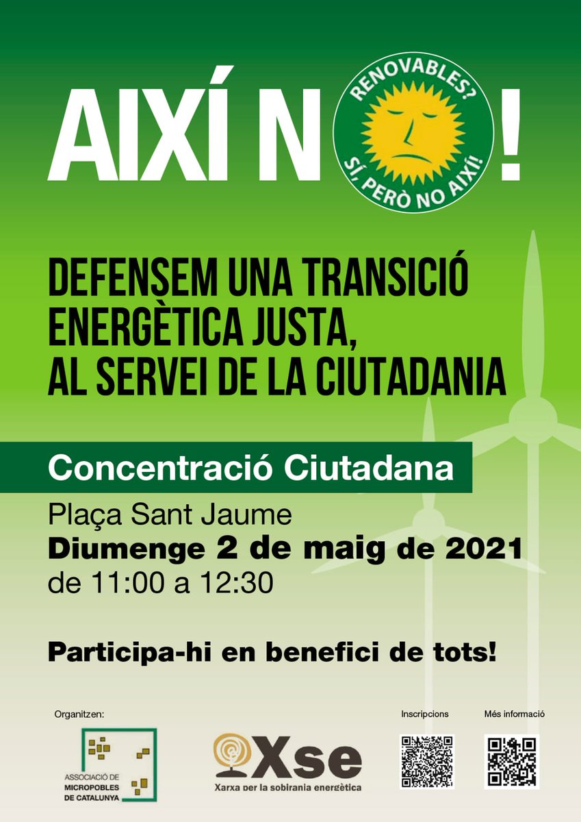 Micropobles's tweet photo. ⚠️ CONCENTRACIÓ ⚠️ 
Per una planificació participativa del desplegament de les #energiesrenovables:
1⃣ que contribueixi a l’equilibri territorial.
2⃣ que retorni l'energia que és en mans d'oligopolis a la ciutadania.

Diumenge 2 de maig
⏰ 11 a 12:30h
📍 Pl. Sant Jaume (BCN) https://t.co/vIkjLBzyvn