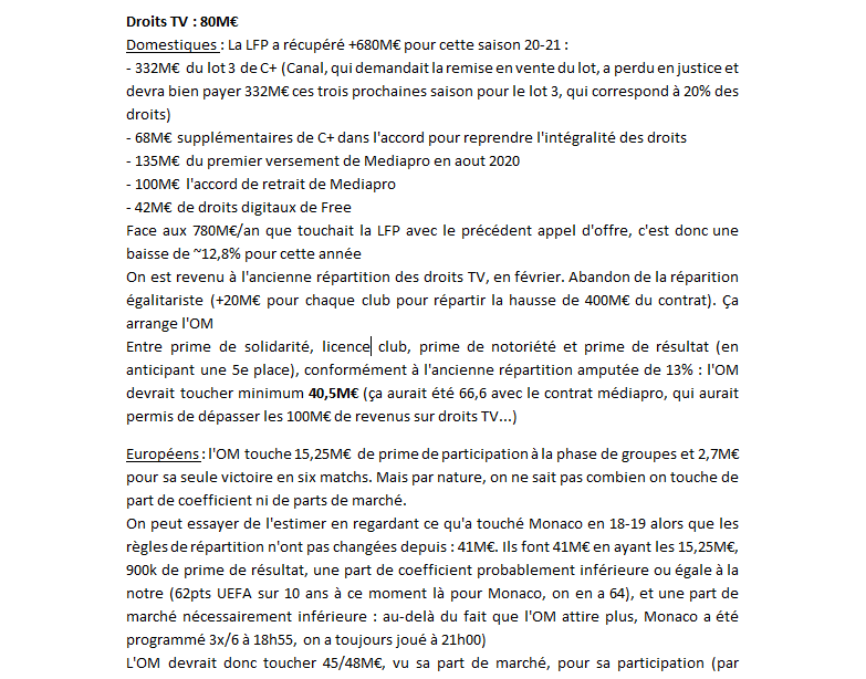 J'estime que le club fera environ 130M€ de produits : 80M€ de droits TV, 40M€ de sponsors-publicités, 0€ de billetterie, et 10M€ d'autres produitsDétails :