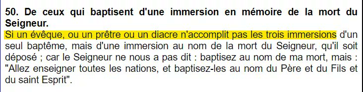 5) L'administration du baptême (triple immersion) et sa simultanéité avec la chrismation et communionLe baptême a toujours été administré par une triple immersion comme en témoigne la Tradition : Didachè, canons des Saints Apôtres.. Il faudrait un thread entier pour les Pères.