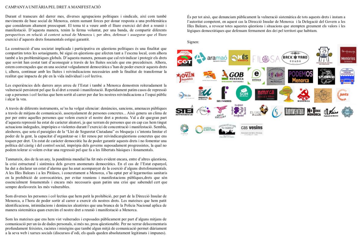 juntsperlo's tweet image. 📣 Reivindicació unitària #PelDretAManifestació

👉 Els darrers episodis que s'han viscut a #Menorca en contra de drets fonaments no han fet més que oprimir la llibertat d'expressió.

❗ És urgent la derogació de la popularment anomenada "Llei Mordassa".