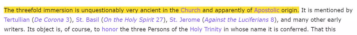 Le Catéchisme du Concile de Trente, Chapitre 15 section I (CE QUE C’EST QUE LE BAPTÊME POUR LE NOM ET POUR LA CHOSE) montre aussi que la pratique normative de l’Eglise primitive était le baptême par (triple) immersion. L’encyclopédie Catholique fait le même constat.