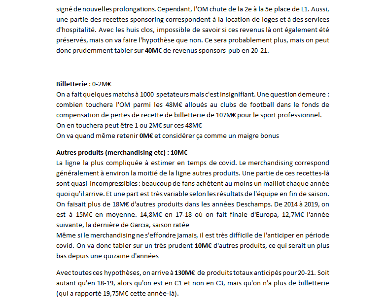 J'estime que le club fera environ 130M€ de produits : 80M€ de droits TV, 40M€ de sponsors-publicités, 0€ de billetterie, et 10M€ d'autres produitsDétails :