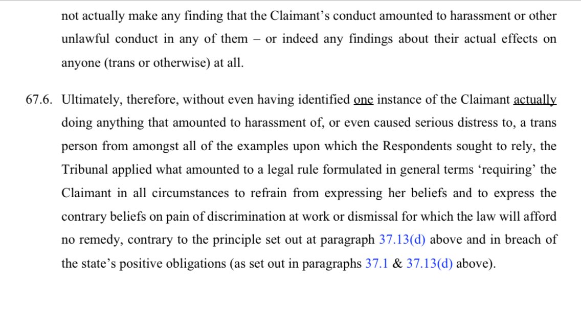 Having failed to identify one trans-ID person harassed etc by Maya Forstater, the tribunal held that she must at all times express beliefs she does not hold