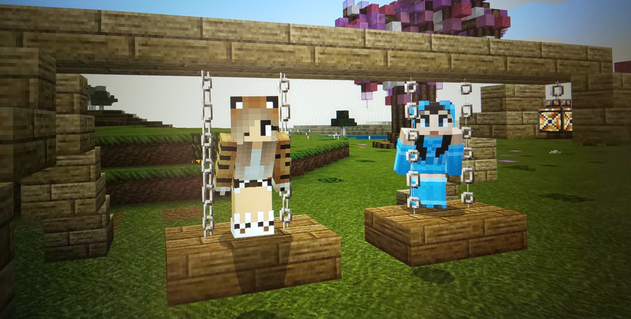 とらこ マイクラ 統合版 ティーダワールド 桜の並木道公園 ぷよさん作のブランコ 見つけた瞬間可愛くて声出して うわぁぁぁ ブランコだ って喜んだ大人ダス 2人でブランコ遊び ちゃんと乗れる所が良いよね