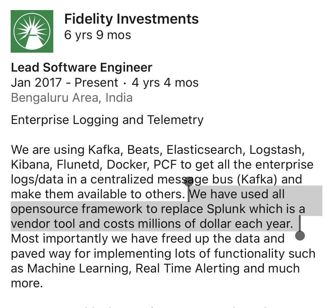 1/ Fidelity Investments is replacing  $SPLK with open source tech like Kafka and  $ESTC for the logging use case. This person cites Splunk as costing “millions of dollars each year”.  $ESTC also had better machine learning capabilities.