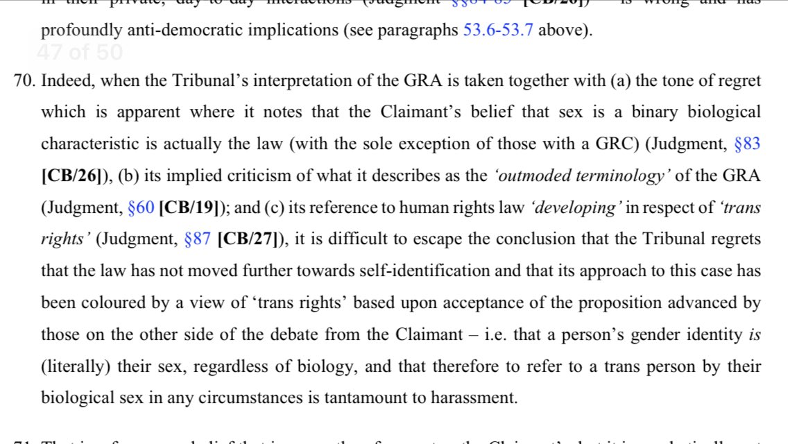 Difficult to avoid the conclusion that the tribunal regretted that self-ID was not the law, and that it had adopted the belief that sex and gender are the same