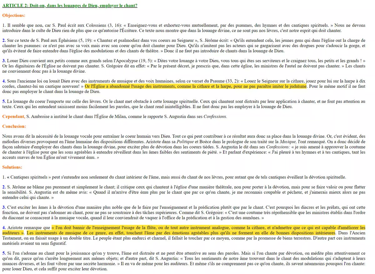 8) Les instruments de musiqueLes instruments ne doivent pas être utilisés durant la liturgie. Seul le chant doit être autorisé; l'utilisation d'instruments est une innovation tardive qui n'a pas été approuvée par l'Église primitive et qui a été rejetée par d'Aquin dans sa Somme