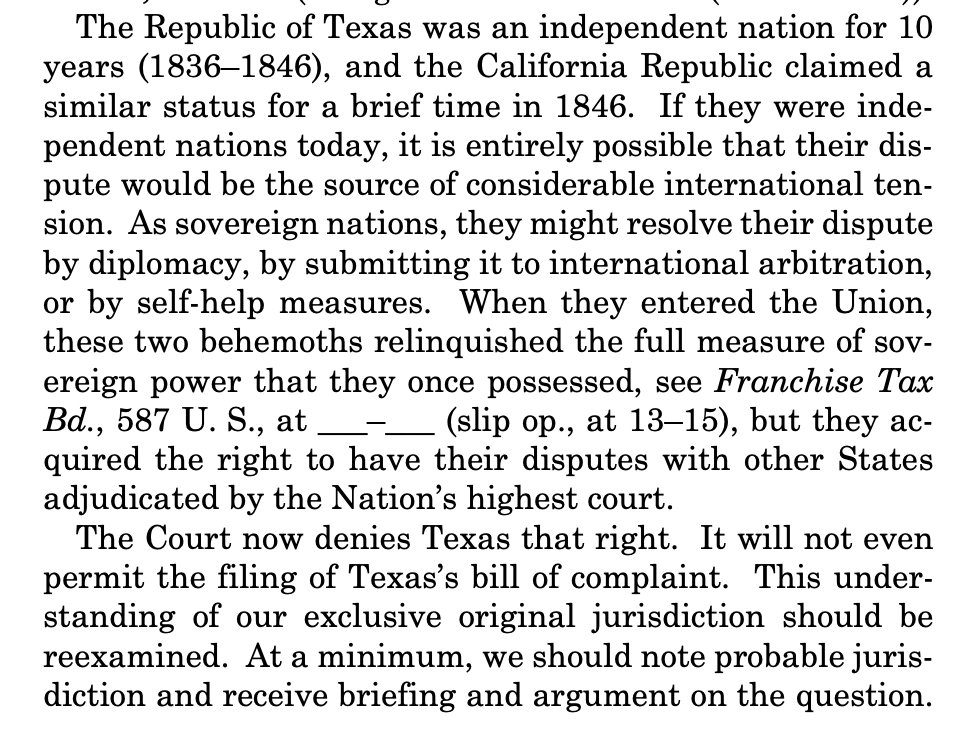 Alito, joined by Thomas, revives his quest to make SCOTUS take up original jurisdiction cases (specifically, legal disputes between states). This passage, highlighting both states' former status as independent nations, is certainly interesting! https://www.supremecourt.gov/orders/courtorders/042621zor_e18f.pdf