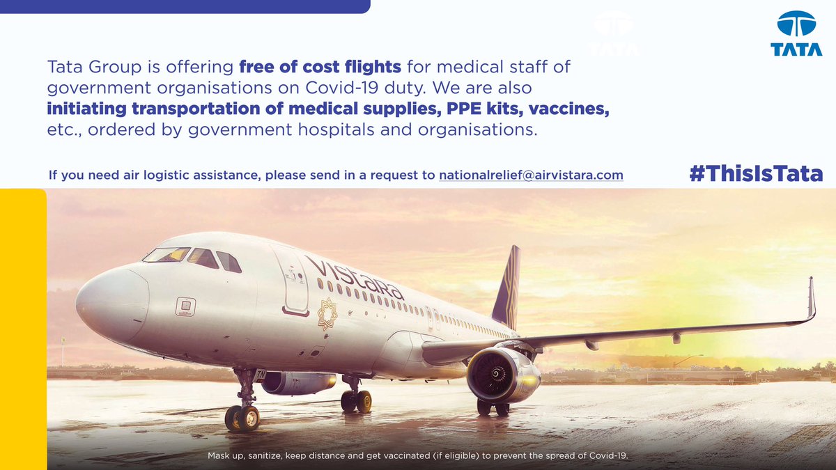 Tata Group (@tatacompanies) on Twitter photo We’re here to help. If you belong to any government organisation that needs air logistic assistance to fight the pandemic, please send in a request to nationalrelief@airvistara.com. #ThisIsTata We’re here to help. If you belong to any government organisation that needs air logistic assistance to fight the pandemic, please send in a request to nationalrelief@airvistara.com. #ThisIsTata