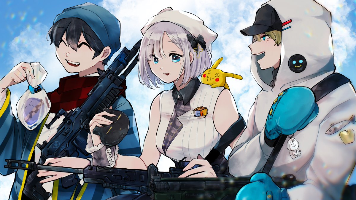 pikachu 1girl weapon multiple boys gun hat 2boys blue eyes  illustration images
