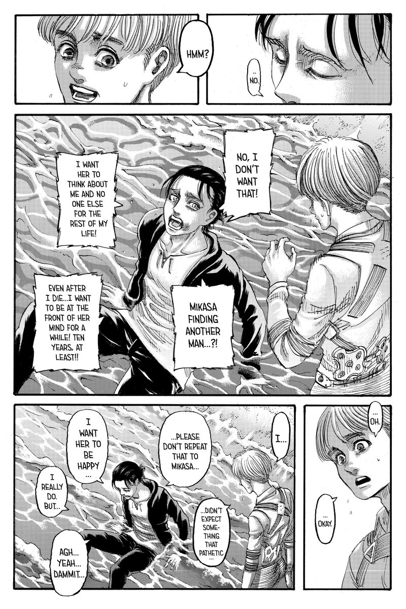 Before ending this thread, I want to touch on some other stuff. Seeing Eren's vulnerable, gentle and understanding side finally come out to Armin is a big fat plus on my book. Despite selfishly wanting to live with Mikasa, Armin and the others, he knows he doesn't deserve it.