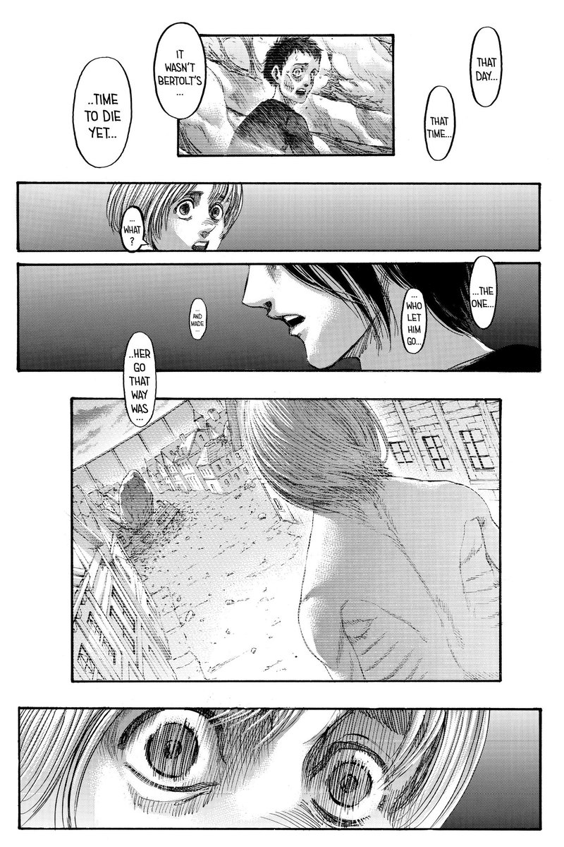 Finally this was answered! I've been waiting way too long to know why Dina simply chose to ignore Bertholdt and head towards Carla. Turns out Eren is the one responsible for that, further deepening the whole "manipulator and manipulated" concept introduced in Chapter 121.