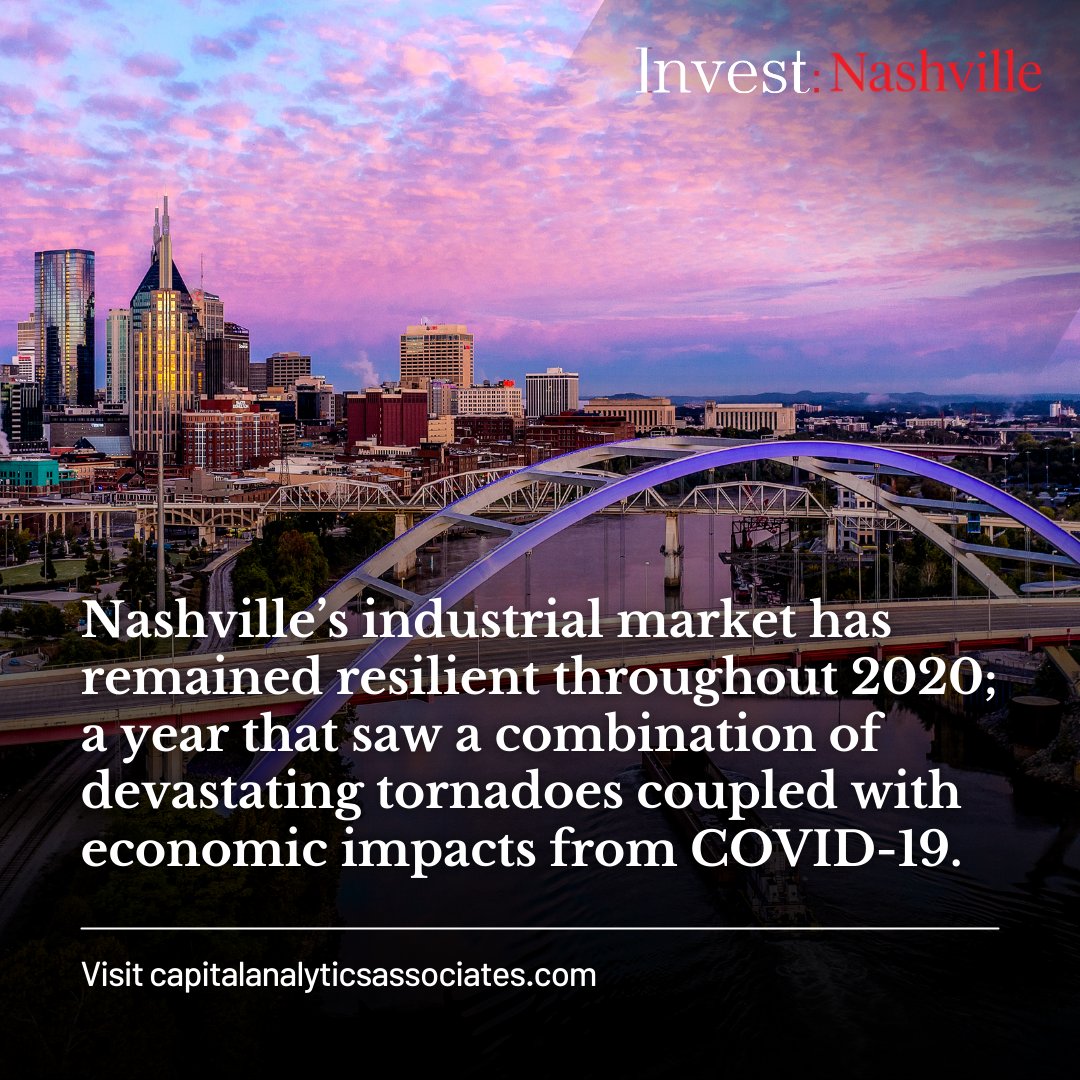 Nashville’s industrial market performance has remained strong throughout the pandemic and has seen no changes in tenant demand. Throughout 2020, leasing volume averaged over 2.0 msf per quarter. 

#InvestNashville #investing #Nashville #industrialmarket #mondays