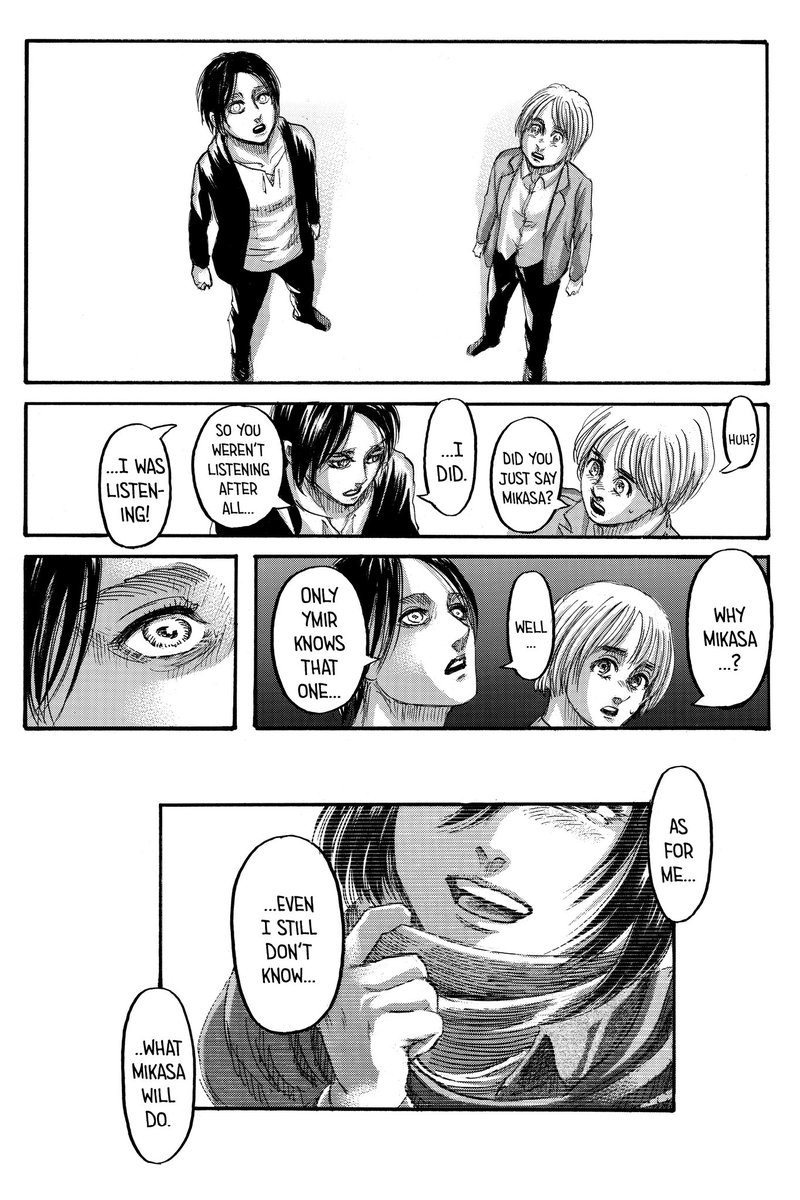 Turns out Mikasa was the key to putting an end to the Titan Era by killing Eren Yeager. Although I can totally understand how that works, I really wish Isayama had gone deeper because the climax could've been so much sweeter. Nevertheless, I can see where Isayama is coming from.