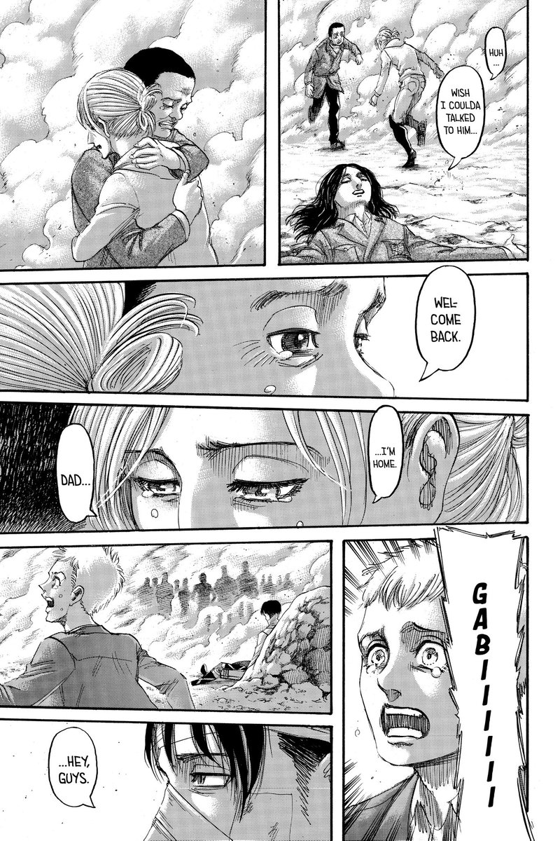 The reunion after Eren's death was simply beautiful and heart warming. Did everyone deserve what they got? Definitely not. However, a world where we get precisely what we deserve and nothing more is an incredibly dark one because there's no room for mercy nor kindness.