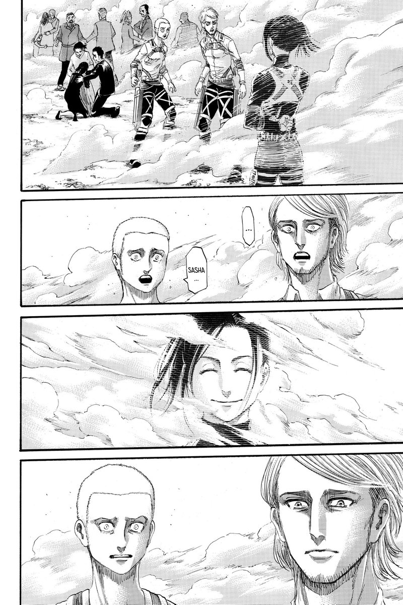 I'm particularly satisfied with how Isayama handled Levi, Jean and Connie. There isn't much I can say really, I think it was absolutely great. Seeing Levi salute his fallen comrades and Sasha doing the same is truly enough to make grown ass men and women cry.