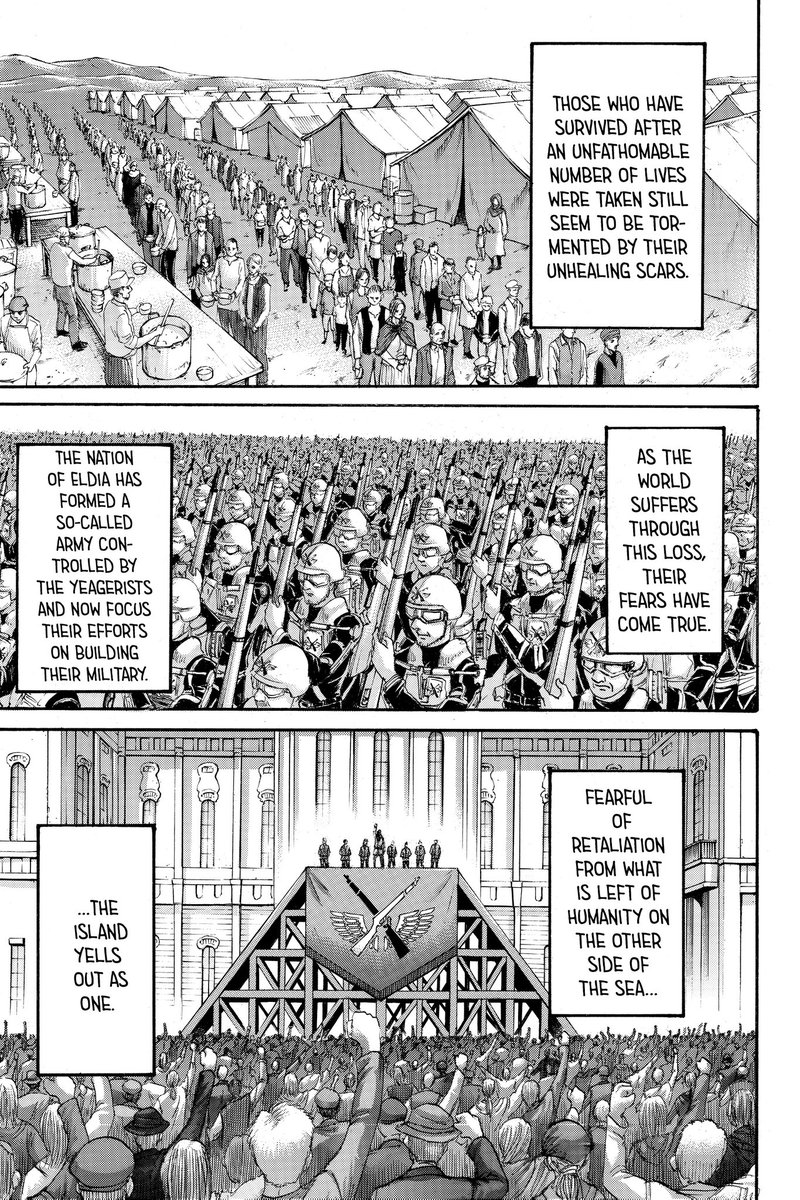 Cut to 3 years after Eren's death. Looks like the world is starting to build itself from the ground up and that Eldia has strengthened their military in case of future retaliation from outsiders. Yet again, it's the perfect middle ground for me. It's realistic.